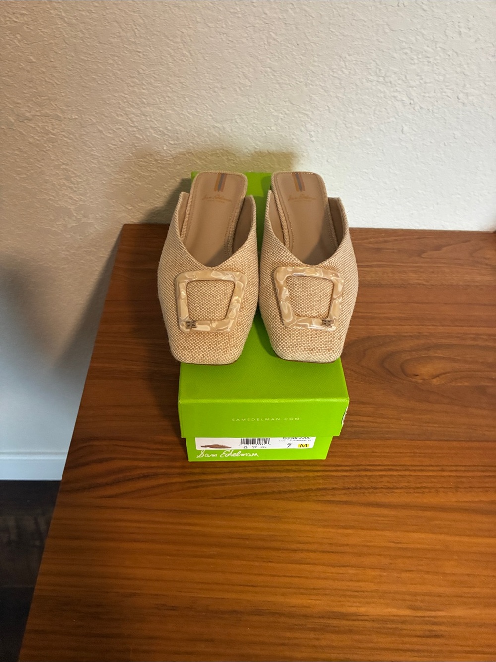 Sam Edelman Beige Textured Mule Slides with Buckle Accent